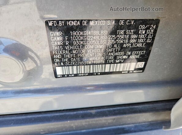 3CZRZ2H55SM740078 2025 HONDA HR-V Gray Vista de la etiqueta del VIN