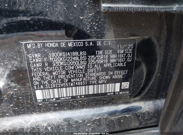 3CZRZ2H55TM748831 2026 HONDA HR-V Black Շարժիչի բաժամունքի տեսք