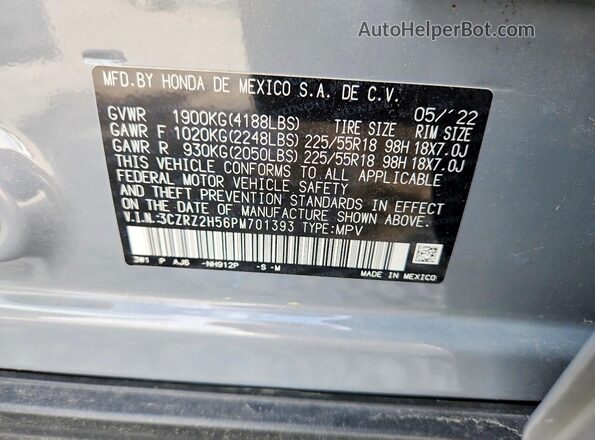 3CZRZ2H56PM701393 2023 HONDA HR-V Gray VIN կոդի պիտակի տեսք