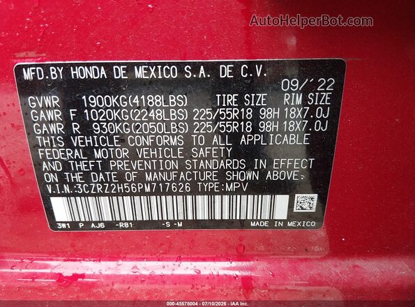 3CZRZ2H56PM717626 2023 HONDA HR-V Red Widok komory silnika