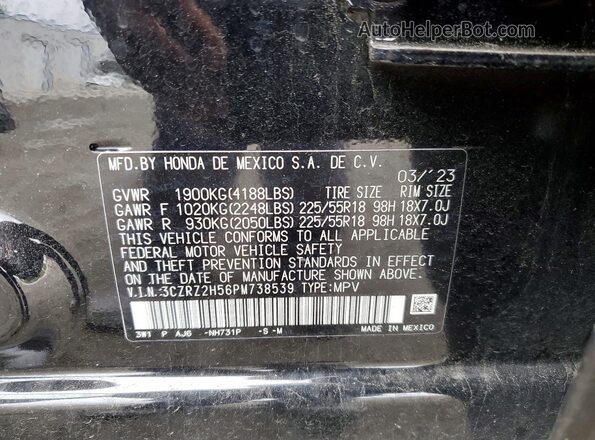 3CZRZ2H56PM738539 2023 HONDA HR-V Black VIN կոդի պիտակի տեսք