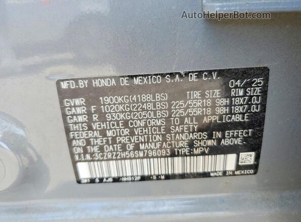 3CZRZ2H56SM796093 2025 HONDA HR-V Gray Vista de la etiqueta del VIN
