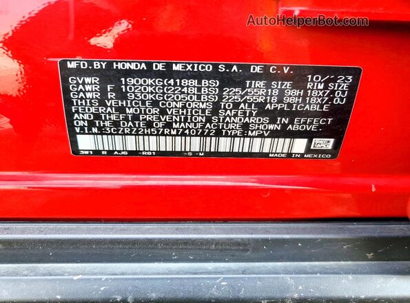3CZRZ2H57RM740772 2024 HONDA HR-V Красный Вид наклейки с VIN-кодом