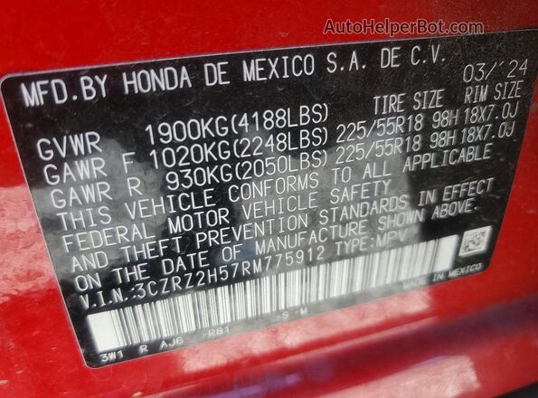 3CZRZ2H57RM775912 2024 HONDA HR-V Red სალონის 360-გრადუსიანი ხედი