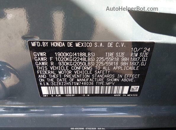 3CZRZ2H57SM748036 2025 HONDA HR-V Teal ძრავის განყოფილების ხედი