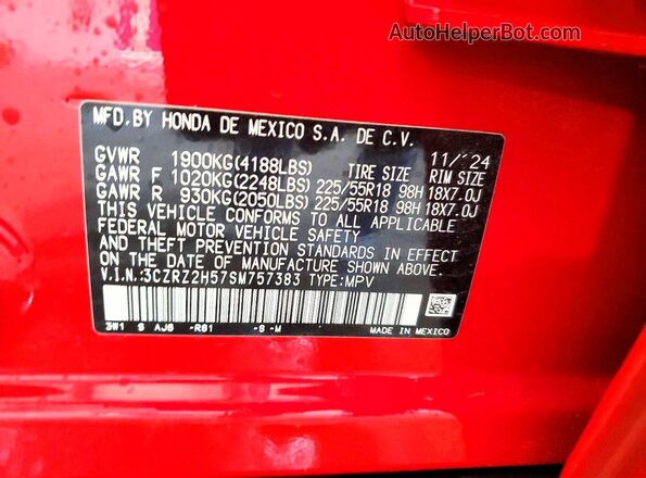 3CZRZ2H57SM757383 2025 HONDA HR-V Red Սալոնի 360 աստիճան տեսք