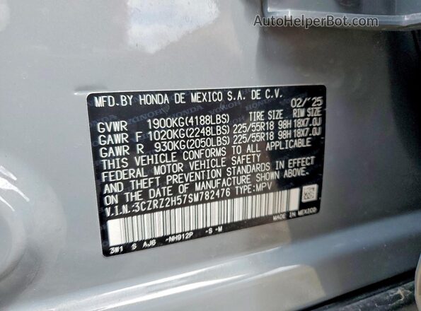3CZRZ2H57SM782476 2025 HONDA HR-V Gray Widok naklejki z numerem VIN