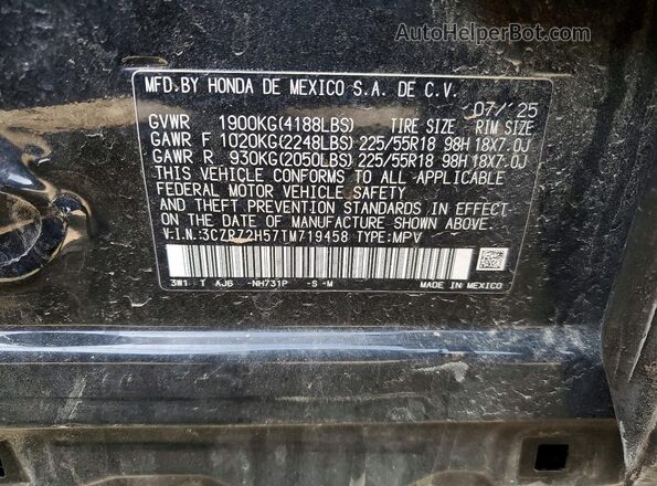 3CZRZ2H57TM719458 2026 HONDA HR-V Black Vista de la etiqueta del VIN