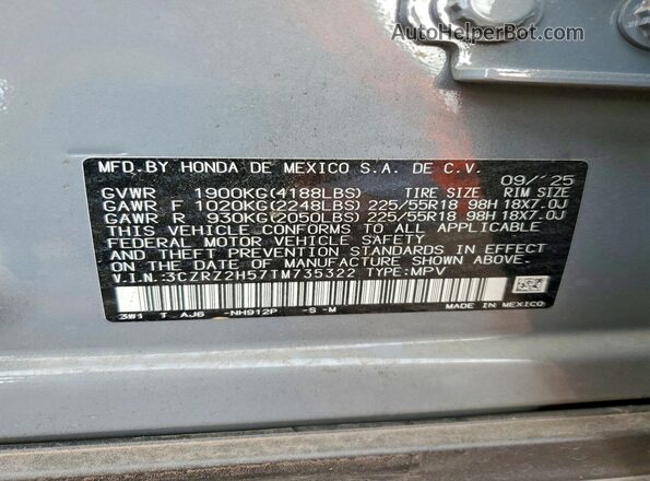 3CZRZ2H57TM735322 2026 HONDA HR-V Gray VIN კოდის სტიკერის ხედი