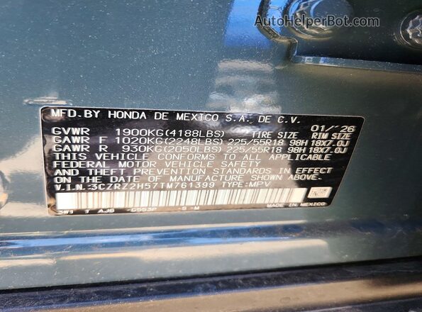 3CZRZ2H57TM761399 2026 HONDA HR-V Gray VIN կոդի պիտակի տեսք