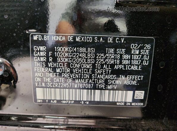 3CZRZ2H57TM767087 2026 HONDA HR-V Black VIN კოდის სტიკერის ხედი