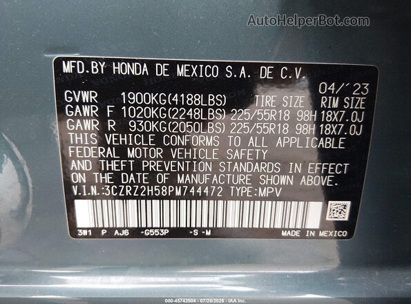 3CZRZ2H58PM744472 2023 HONDA HR-V Blue Շարժիչի բաժամունքի տեսք