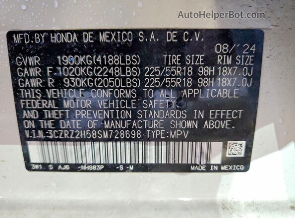 3CZRZ2H58SM728698 2025 HONDA HR-V White Вид наклейки з VIN-кодом