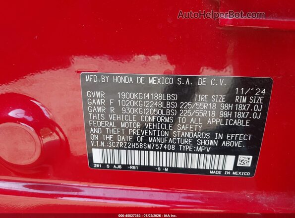 3CZRZ2H58SM757408 2025 HONDA HR-V Red Вид підкапотного простору
