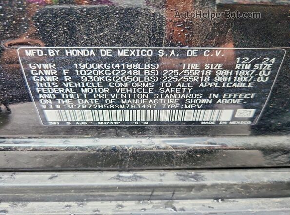 3CZRZ2H58SM763497 2025 HONDA HR-V Black VIN կոդի պիտակի տեսք