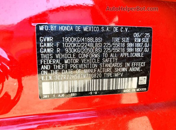 3CZRZ2H58TM710820 2026 HONDA HR-V Red VIN կոդի պիտակի տեսք