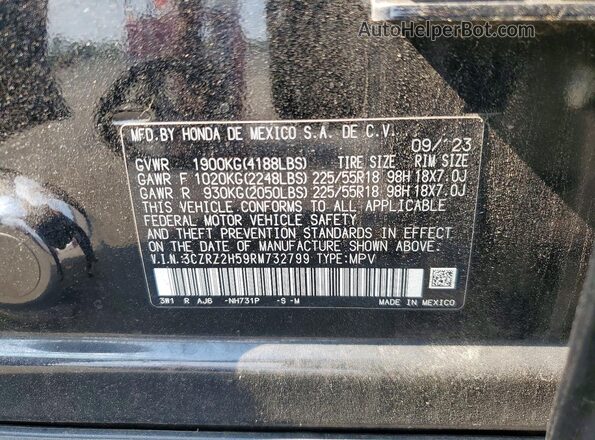 3CZRZ2H59RM732799 2024 HONDA HR-V Black Widok naklejki z numerem VIN
