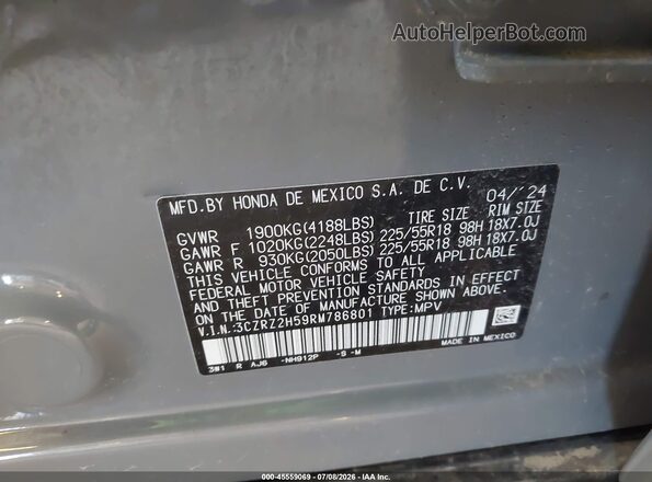 3CZRZ2H59RM786801 2024 HONDA HR-V Gray Շարժիչի բաժամունքի տեսք