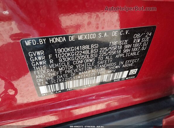 3CZRZ2H59SM734235 2025 HONDA HR-V Red Widok komory silnika