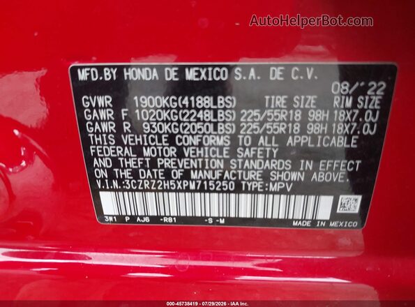 3CZRZ2H5XPM715250 2023 HONDA HR-V Red Widok komory silnika