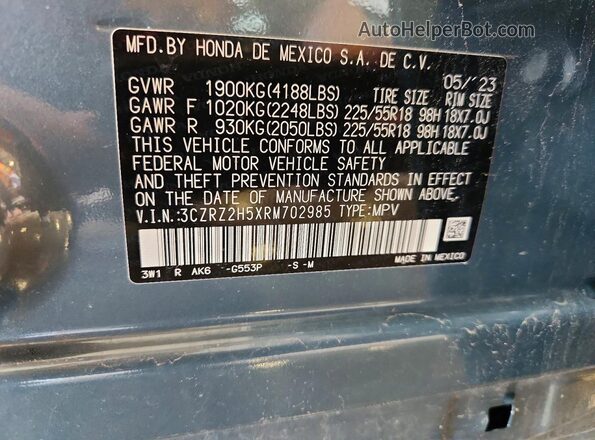 3CZRZ2H5XRM702985 2024 HONDA HR-V Gray Widok wnętrza 360 stopni