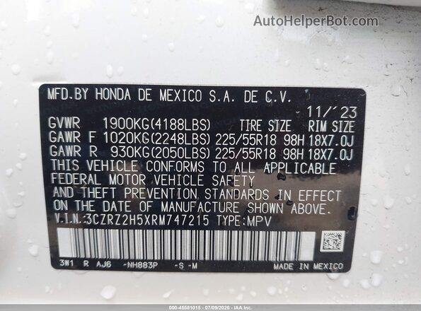 3CZRZ2H5XRM747215 2024 HONDA HR-V White Widok komory silnika