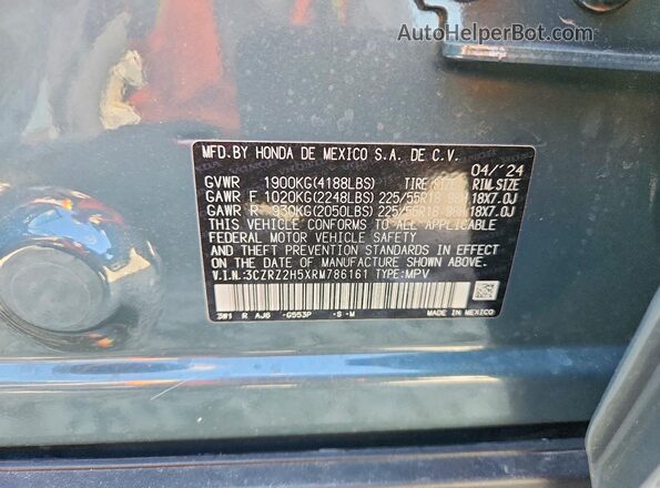 3CZRZ2H5XRM786161 2024 HONDA HR-V Teal Вид наклейки з VIN-кодом