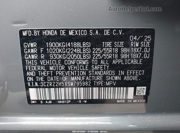 3CZRZ2H5XSM795982 2025 HONDA HR-V Gray Engine compartment view