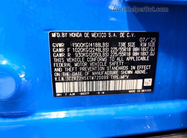 3CZRZ2H5XTM720099 2026 HONDA HR-V Blue Սալոնի 360 աստիճան տեսք