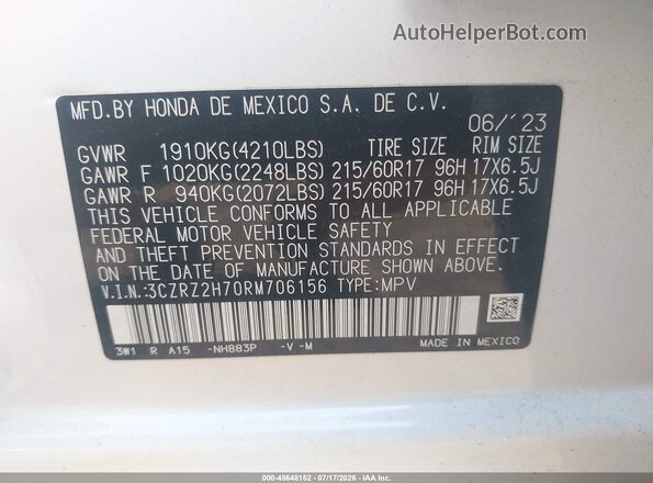 3CZRZ2H70RM706156 2024 HONDA HR-V Белый Вид подкапотного пространства