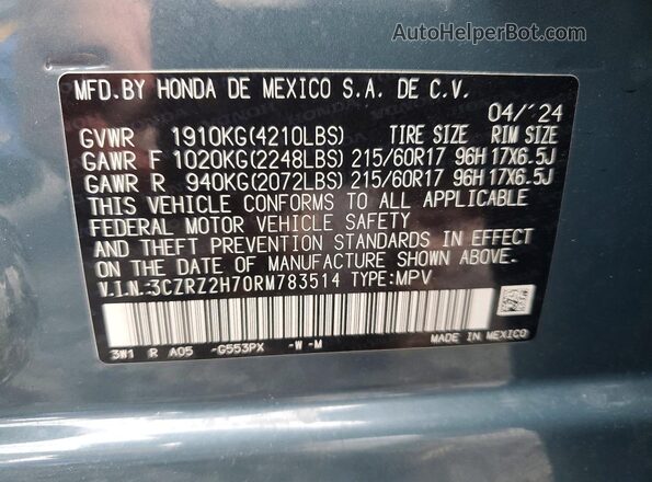 3CZRZ2H70RM783514 2024 HONDA HR-V Blue VIN կոդի պիտակի տեսք
