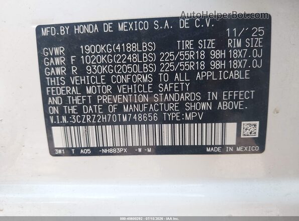 3CZRZ2H70TM748656 2026 HONDA HR-V White Widok komory silnika