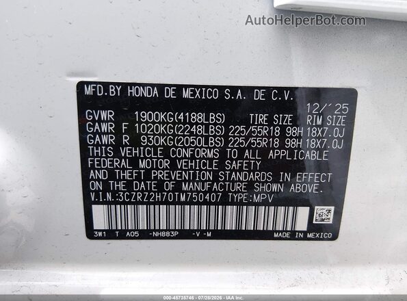 3CZRZ2H70TM750407 2026 HONDA HR-V Белый Вид подкапотного пространства