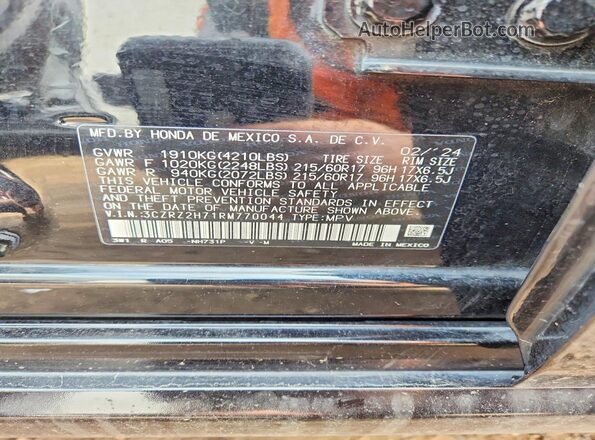 3CZRZ2H71RM770044 2024 HONDA HR-V Black ძრავის განყოფილების ხედი