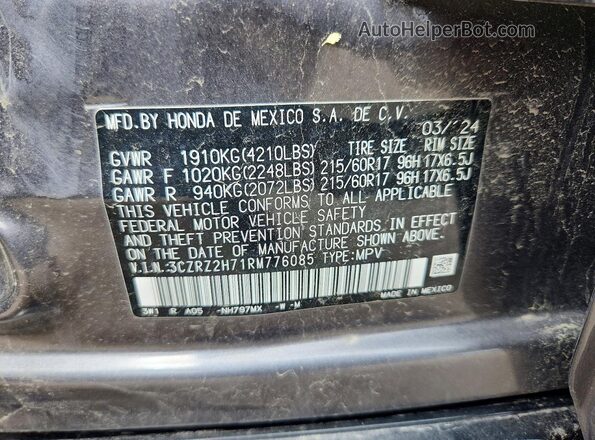 3CZRZ2H71RM776085 2024 HONDA HR-V Gray Вид наклейки з VIN-кодом