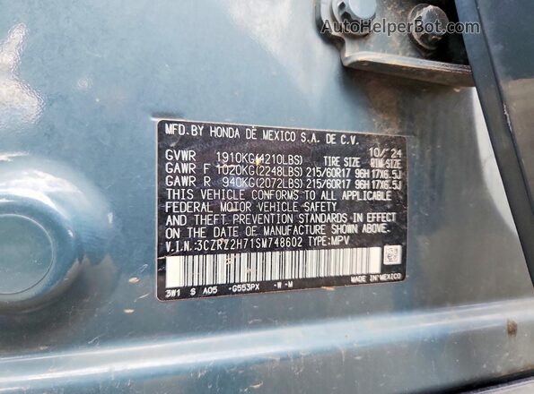 3CZRZ2H71SM748602 2025 HONDA HR-V Green VIN კოდის სტიკერის ხედი