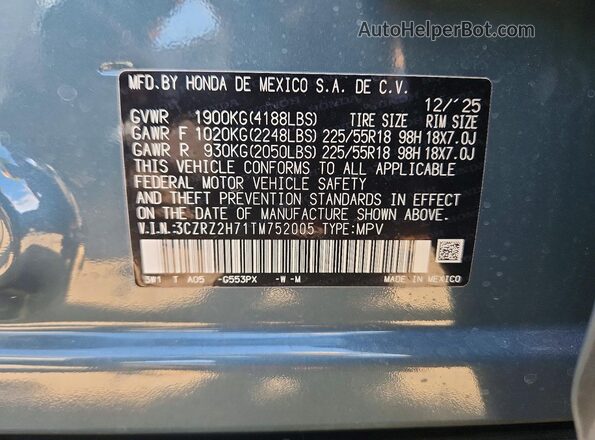 3CZRZ2H71TM752005 2026 HONDA HR-V Blue Вид підкапотного простору