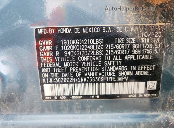3CZRZ2H72RM736369 2024 HONDA HR-V Blue Engine compartment view