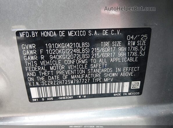 3CZRZ2H72SM797727 2025 HONDA HR-V Silver Շարժիչի բաժամունքի տեսք