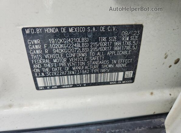 3CZRZ2H73RM731942 2024 HONDA HR-V White Вид наклейки з VIN-кодом