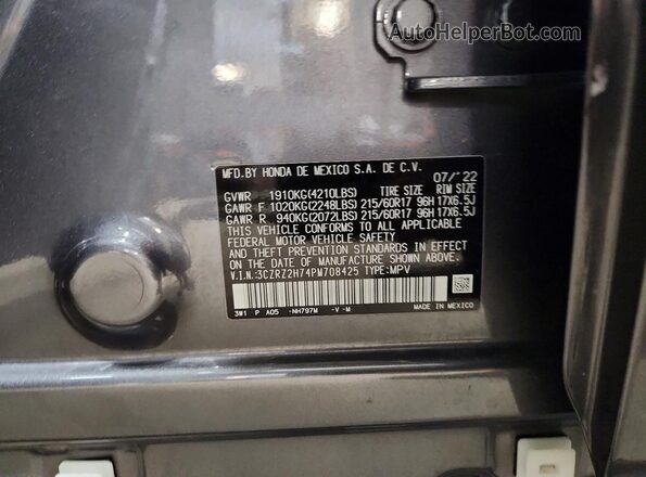 3CZRZ2H74PM708425 2023 HONDA HR-V Серебряный Вид наклейки с VIN-кодом