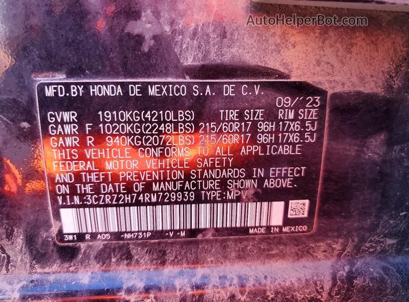 3CZRZ2H74RM729939 2024 HONDA HR-V Black VIN կոդի պիտակի տեսք