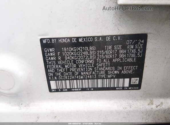 3CZRZ2H74SM724813 2025 HONDA HR-V White Vista del compartimento del motor