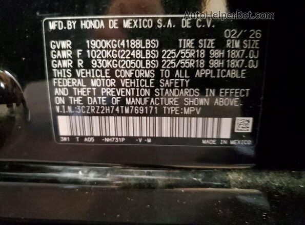 3CZRZ2H74TM769171 2026 HONDA HR-V Black VIN կոդի պիտակի տեսք