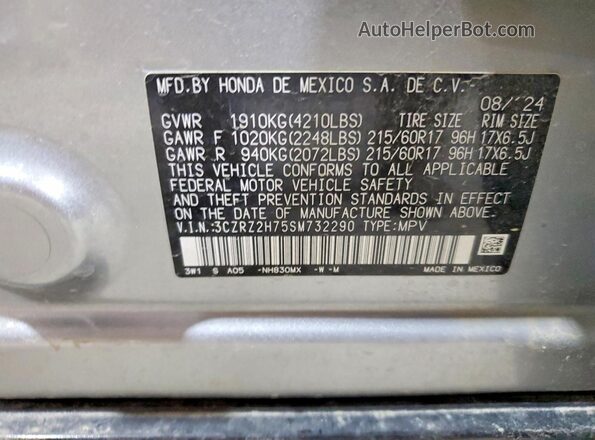 3CZRZ2H75SM732290 2025 HONDA HR-V Silver Вид наклейки з VIN-кодом