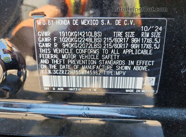 3CZRZ2H75SM745962 2025 HONDA HR-V Черный Панорамный вид салона 360°