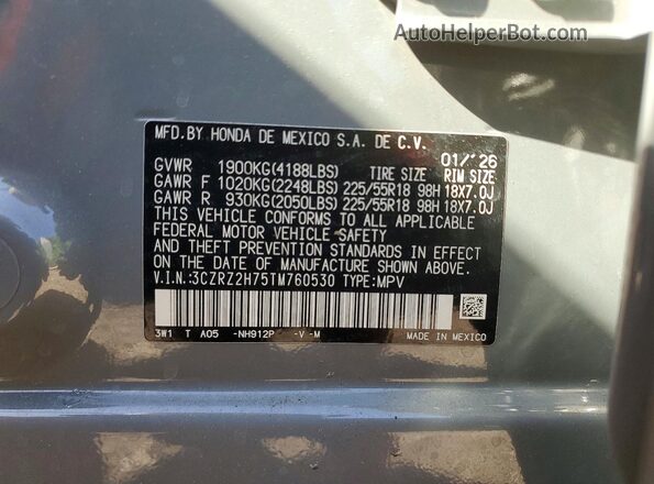 3CZRZ2H75TM760530 2026 HONDA HR-V Gray VIN sticker view