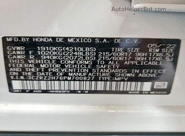3CZRZ2H76PM700827 2023 HONDA HR-V White VIN sticker view