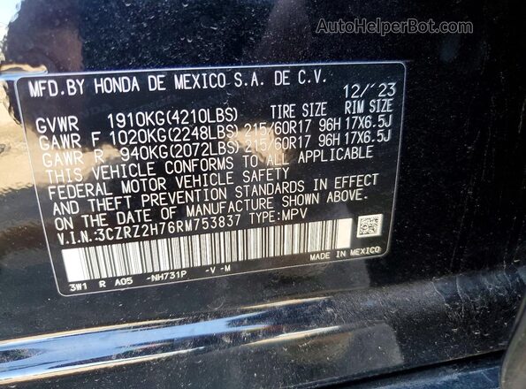 3CZRZ2H76RM753837 2024 HONDA HR-V Black Панорамний вид салону 360°