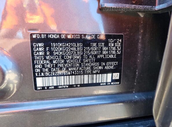 3CZRZ2H76SM743315 2025 HONDA HR-V Gray VIN კოდის სტიკერის ხედი